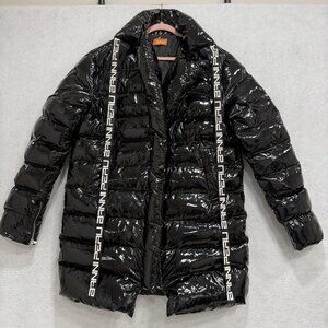 Banni Peru Puffer Coat Womens Large Black Patent Quilted Long Jacket Glossy
